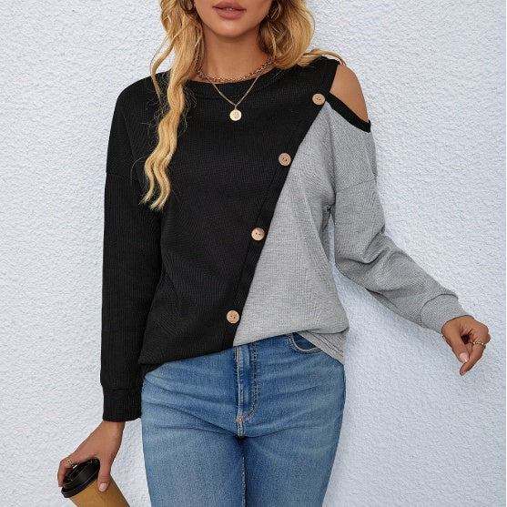 Women's Patchwork Simple Casual Versatile Long Sleeved Pullover Knitted Sweater