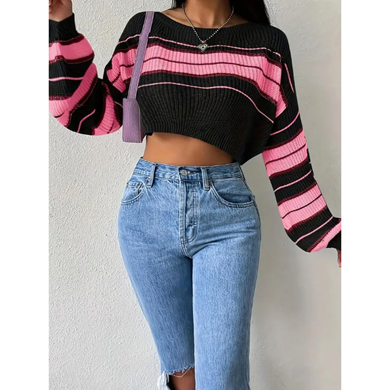 Women's Color Block Striped Sweater Crew Neck Lantern Sleeve Cropped Pullover Tops
