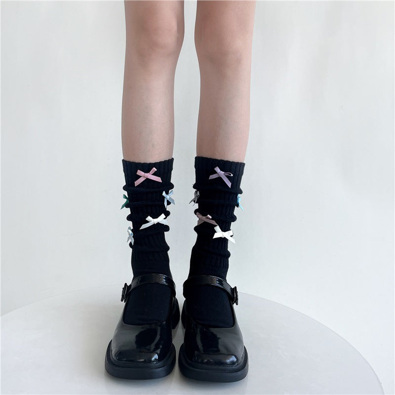 Candy-colored Bow Pile Style Calf Socks Women's Handmade Tube Socks