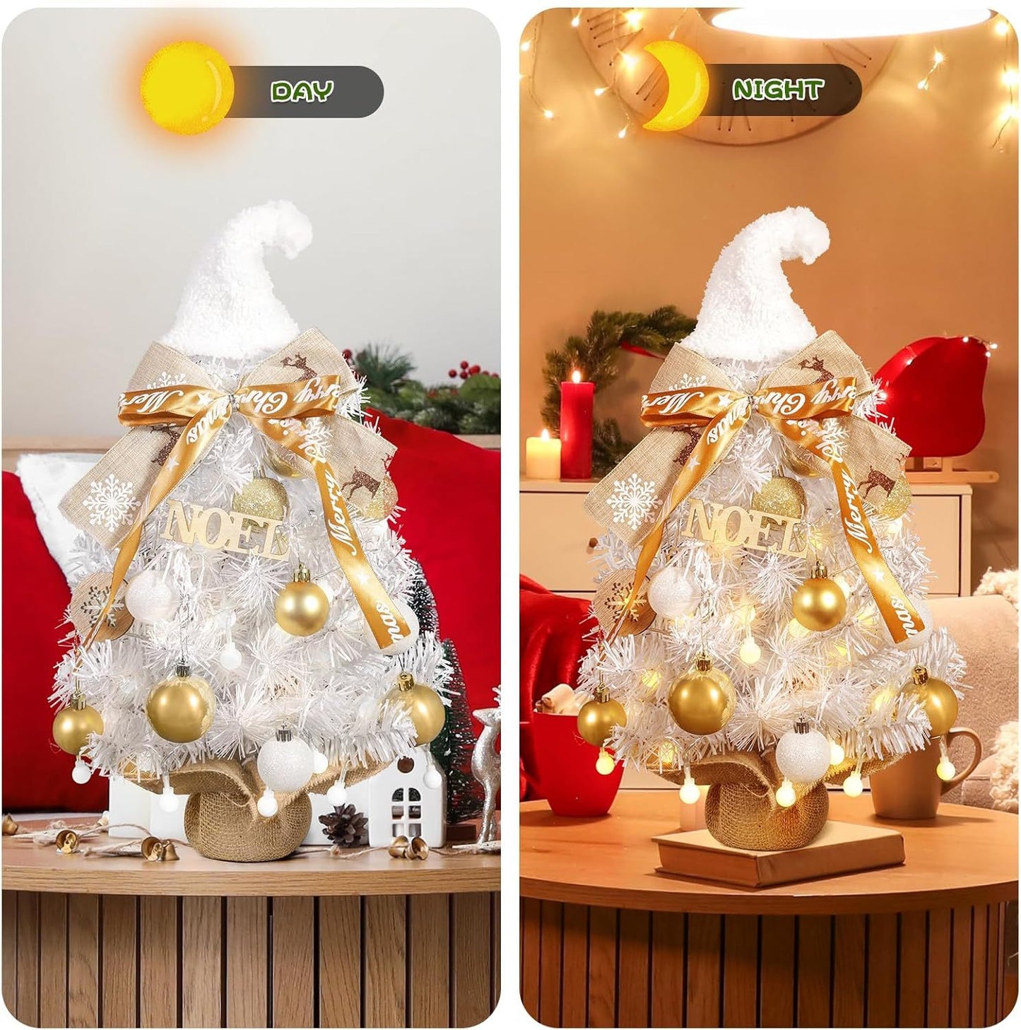 24 - Inch Snowy Christmas Tree. Golden Balls, Ribbons & Festive Hat