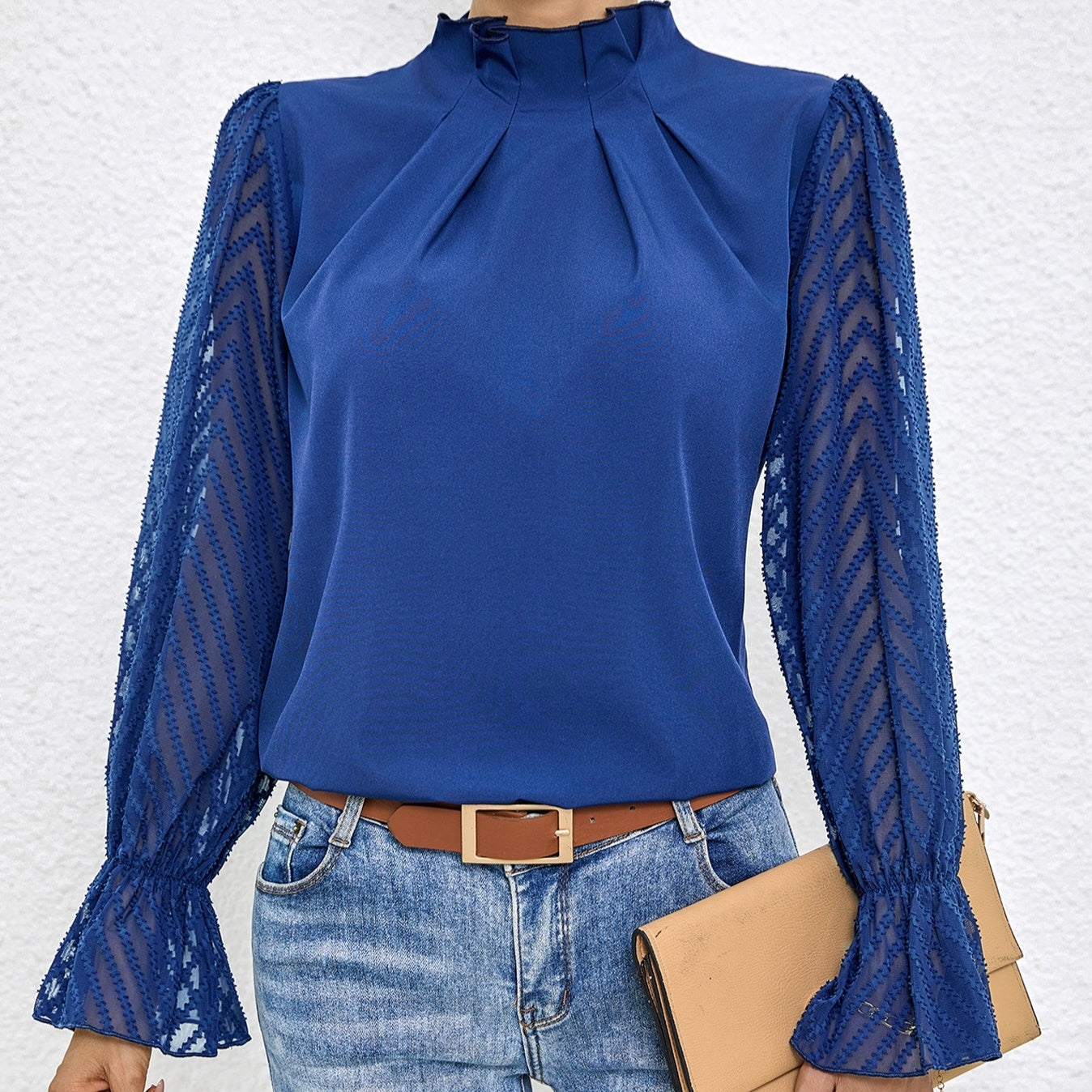 Women's Solid Color Mesh Patchwork Long Sleeved Shirt With Black Fungus Edge Collar