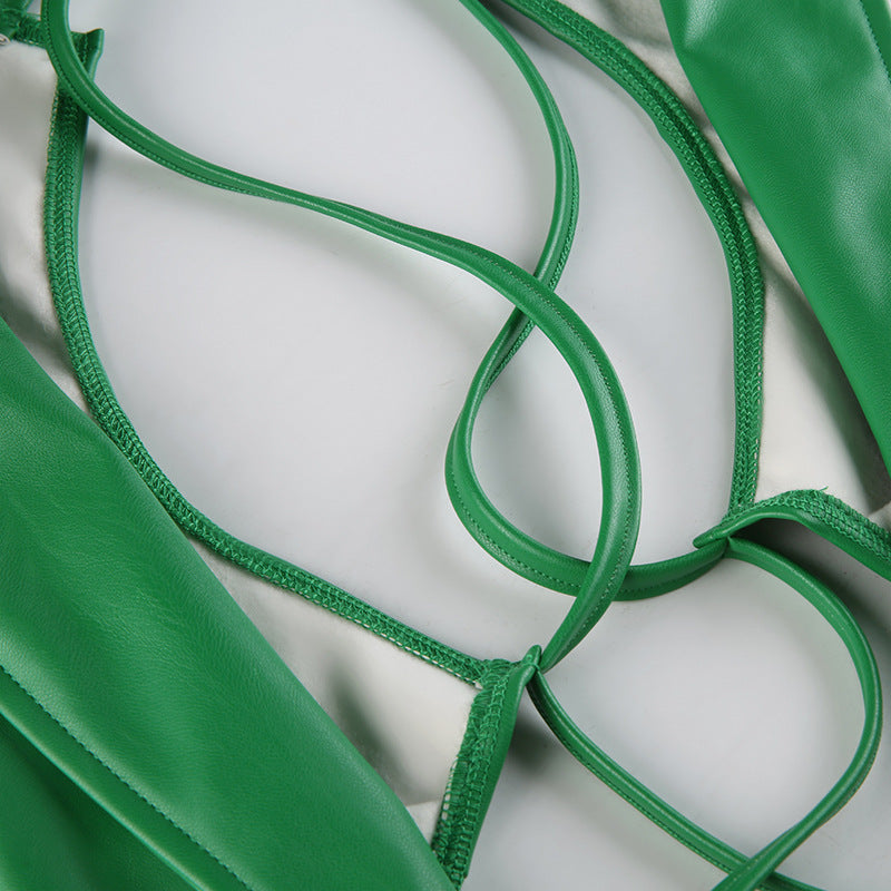 Halter Leather Lace-up Vest With Polo Neck