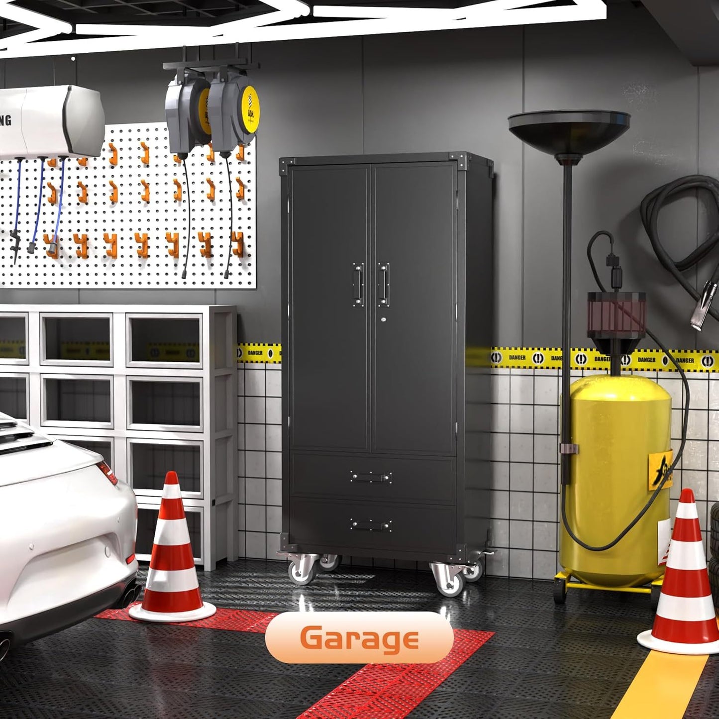 Rolling Storage Cabinet With 2 Doors And 2 Drawers, Metal Storage Cabinet With Doors And Shelves, Locking Steel Cabinet For Warehouse, Home, Office Black