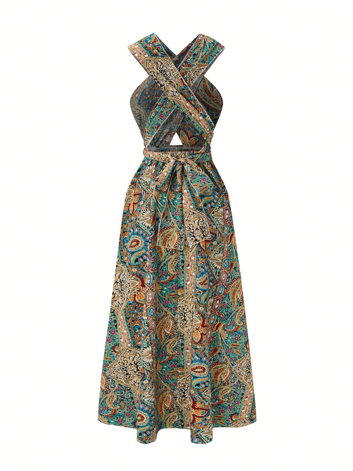 Women Print Maxi Dress High Waisted Cross Halter Neck With Tie Detail,Flowing Vacation Gown In Teal, Blue-Green & Brown Paisley Pattern, Machine Washable, Summer Fashion Decorative Tie Detail