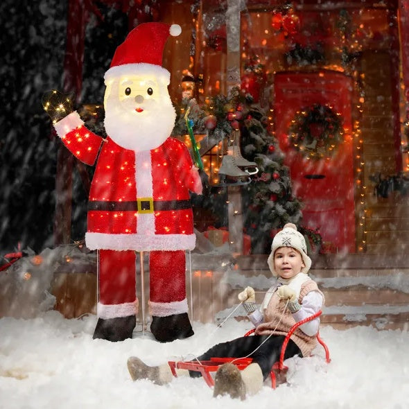 6FT Lighted Santa Christmas Yard Decorations, Pre-lit Pull Up Santa Waving Hand With 180 LED Warm White Lights And Ropes Stakes For Xmas Outdoor Holiday Indoor Decor Lighted Holiday Displays