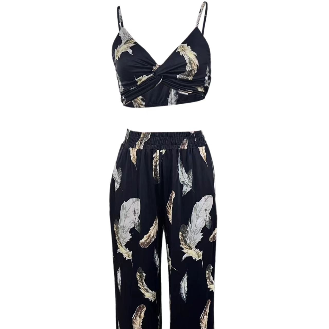 Ladies' High Waist Drawstring Feather Flower Printed Pants, Beach Pocket Pants, Sexy Top Set