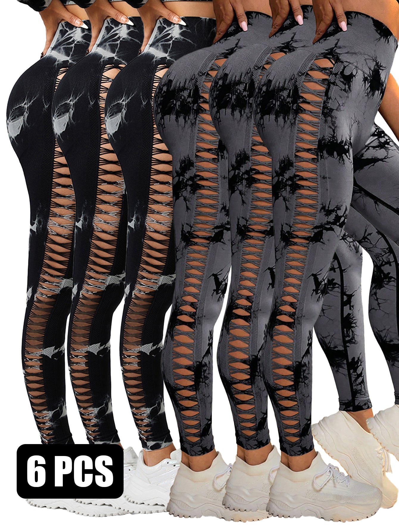 6Pcs Tie-dye Cut-out Leggings Women's Yoga Pants