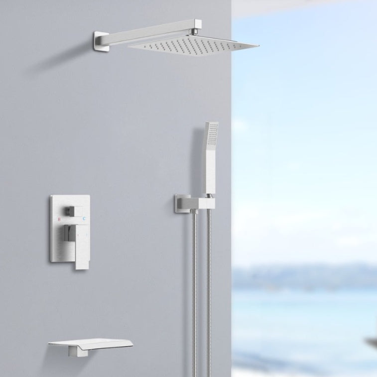 Rain Shower System Matte Black Tub Shower Faucet Set 10 Inch Square Rainfall Shower Head With Handheld Sprayer And Waterfall Tub Spout Pressure Balance Rough-in Valve Shower Mixer Combo