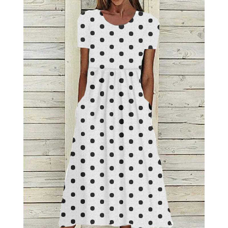 Women's Summer Short Sleeve Polka Dot Print Long Dresses Casual Beach Sundress With Pockets