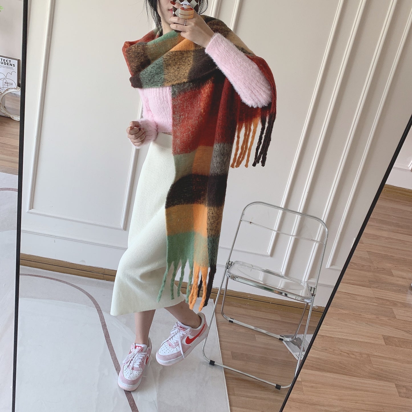 Double-sided Rainbow Plaid Large Scarf In Mohair