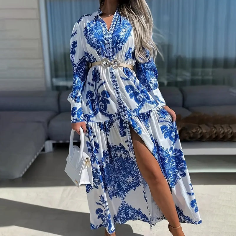 Women's Bohemian Flowy Maxi Dress - Charming V-Neck With Bell Sleeves, Bold Printed Pattern, Side Slit Design