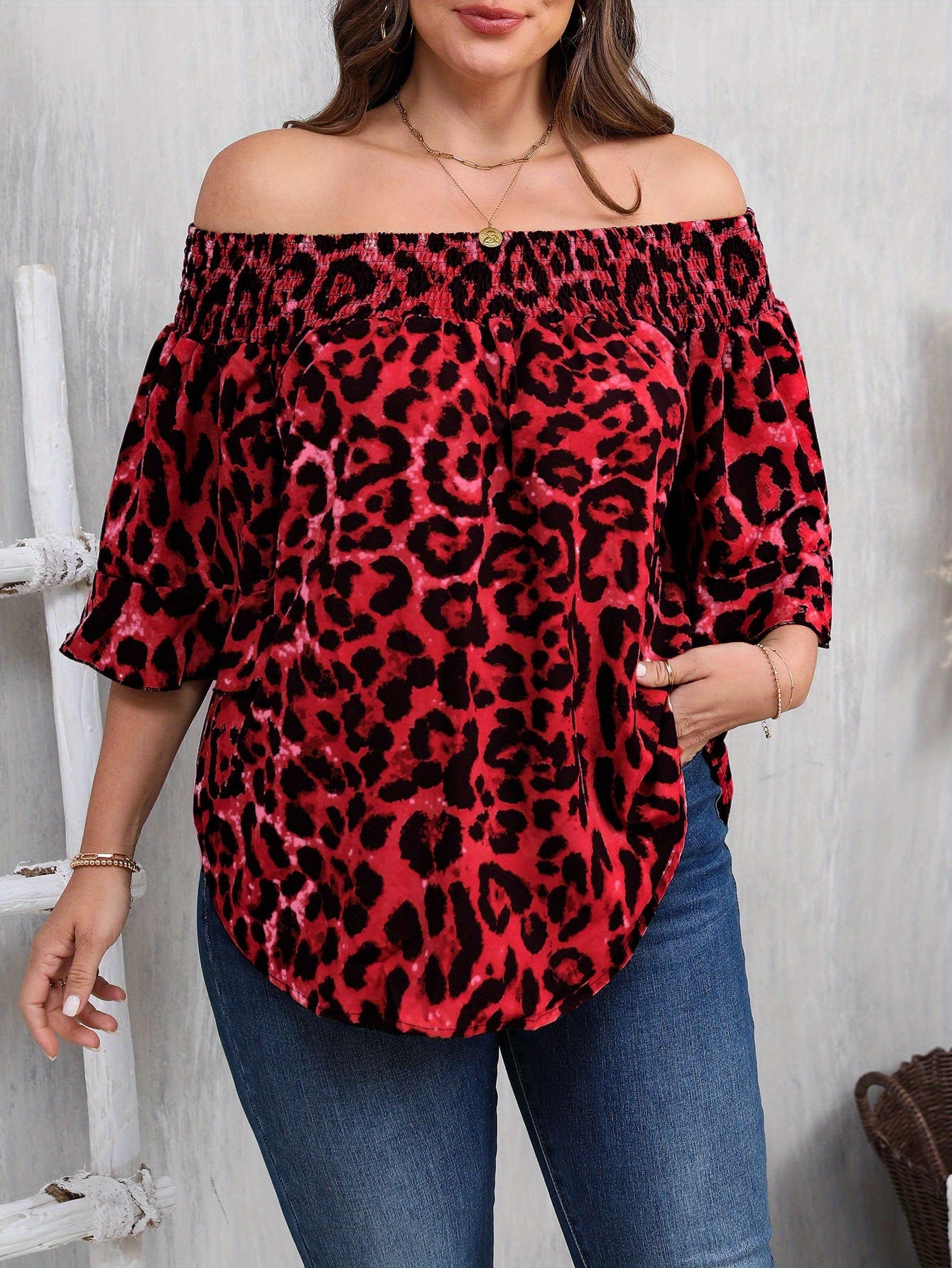 Women's Plus Size Leopard Print Blouse - Elegant Off-Shoulder Ruffle Sleeve Spring Shirt, Plus Size Women's Top