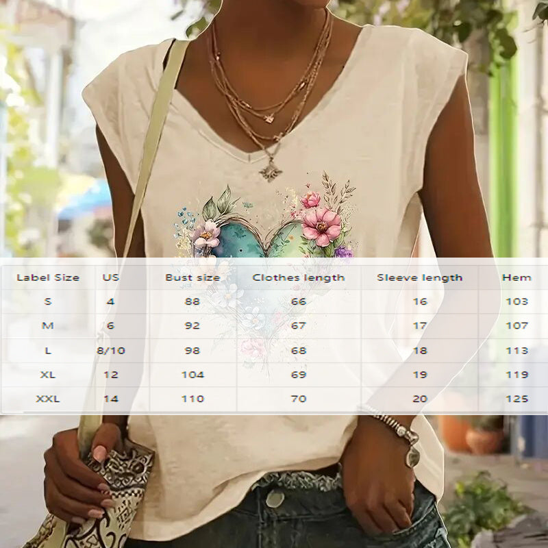 Women's V-Neck Short Sleeve T-Shirt Floral Heart Print Summer Casual Top