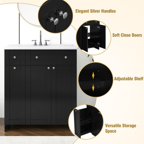 30 Inches Black Bathroom Vanity With Ceramic Sink Combo, Rich Storage Cabinet - 2 Soft Close Doors & Double Deep Drawers Unavailable Platforms- SHEIN Corporation Temu