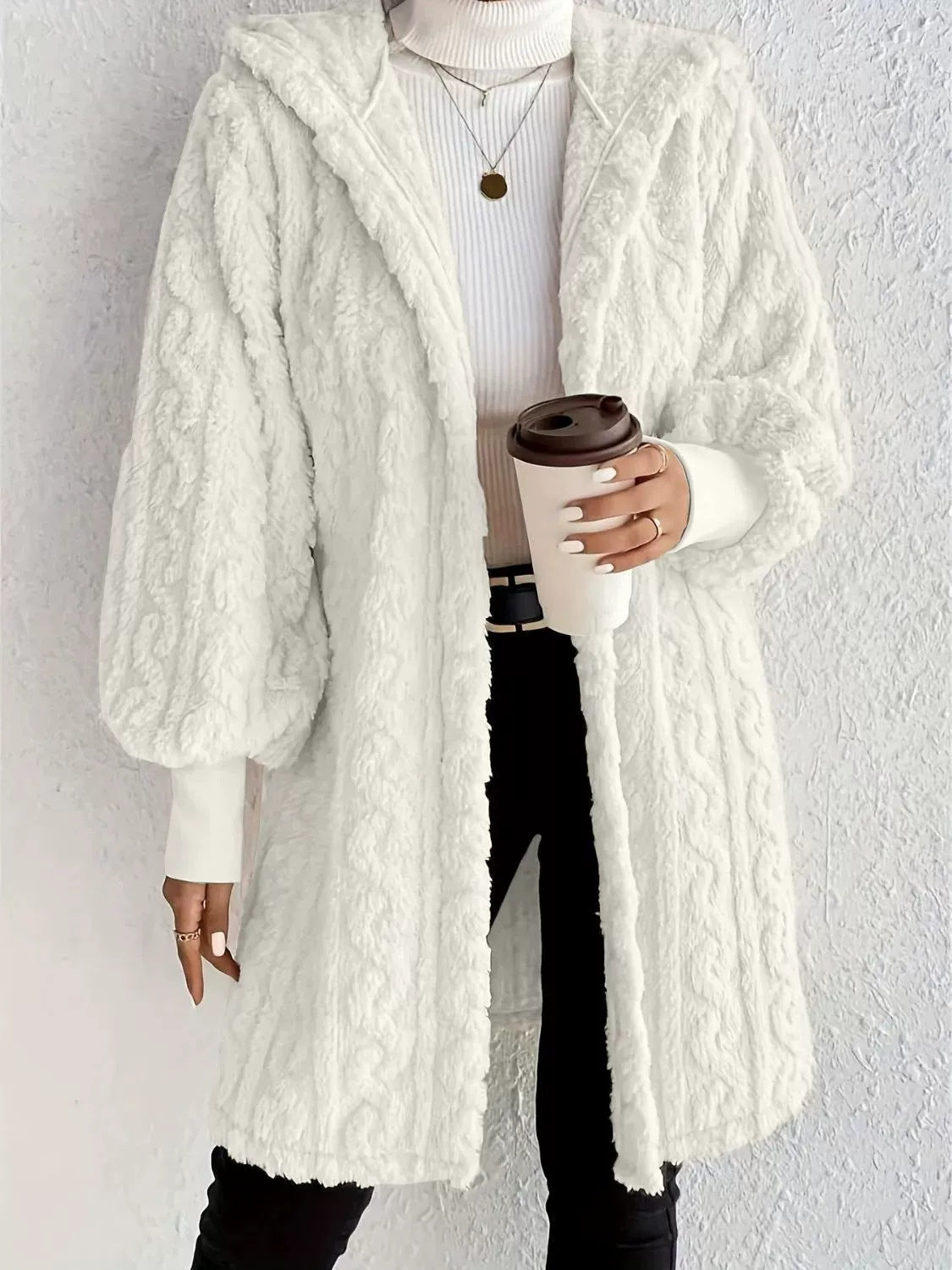 Hooded Double-sided Plush Cuff Thread Long Coat