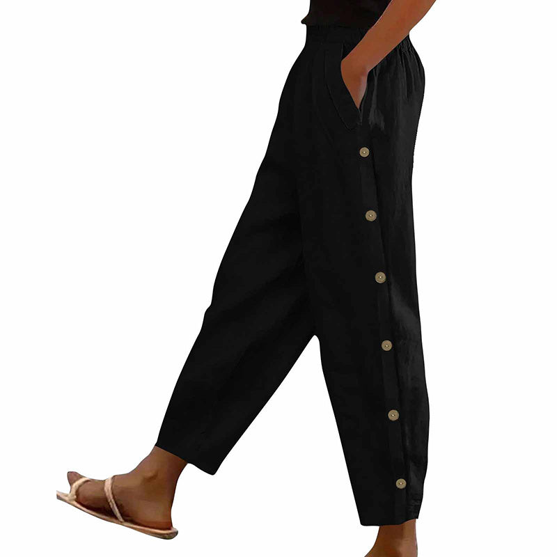 Women's Casual Pants Elastic Waist Side Button Loose Fit Trousers With Pockets