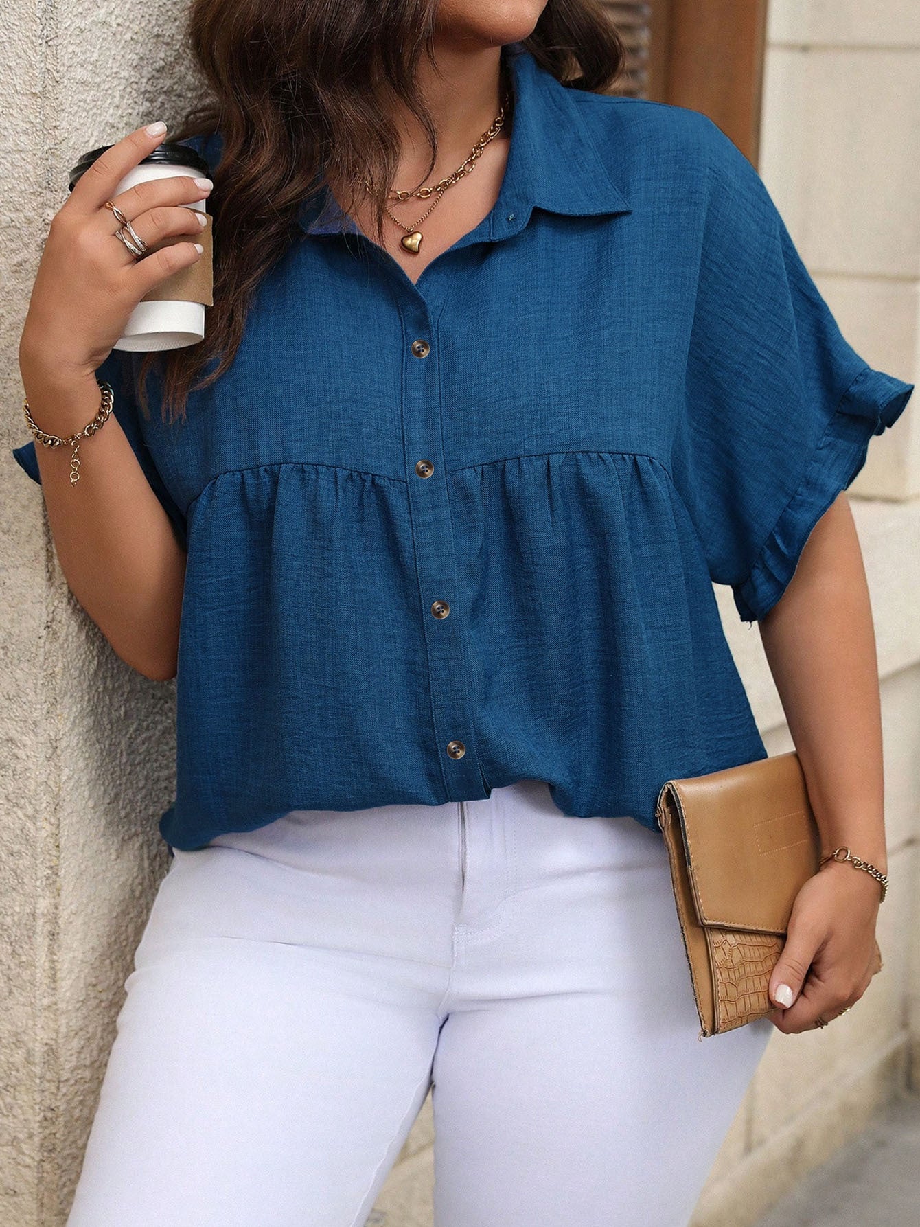 Women's Plus Size Buttoned Collar Shirt - Summer Fashion Casual Office Short Sleeve Top