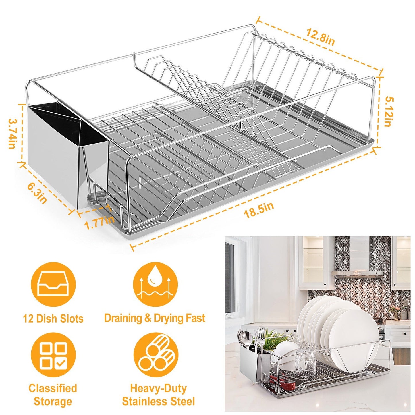 Dish Drying Rack Stainless Steel Dish Rack Drainboard Cutlery Holder Kitchen Dish Organizer