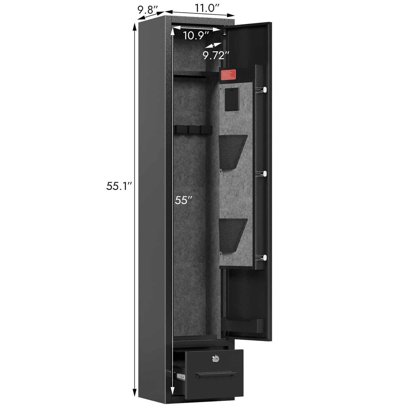 4 - Gun Capacity Rifle Safe. Holds Rifles, Pistols, Shotguns. Digital Lock For Quick Access. Removable Shelf. Special Gun Rack For Scoped Rifles. Plus, A Handy Storage Drawer