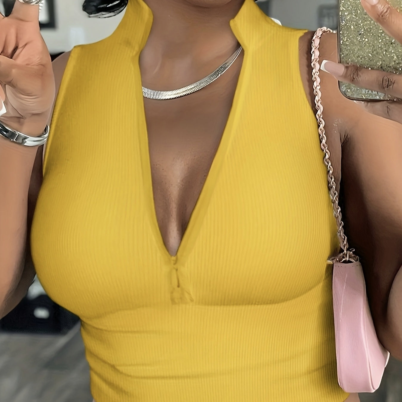 Women's Solid Color Ribbed Knit Short Zipper Design Off Shoulder Stand Up Collar Vest Top