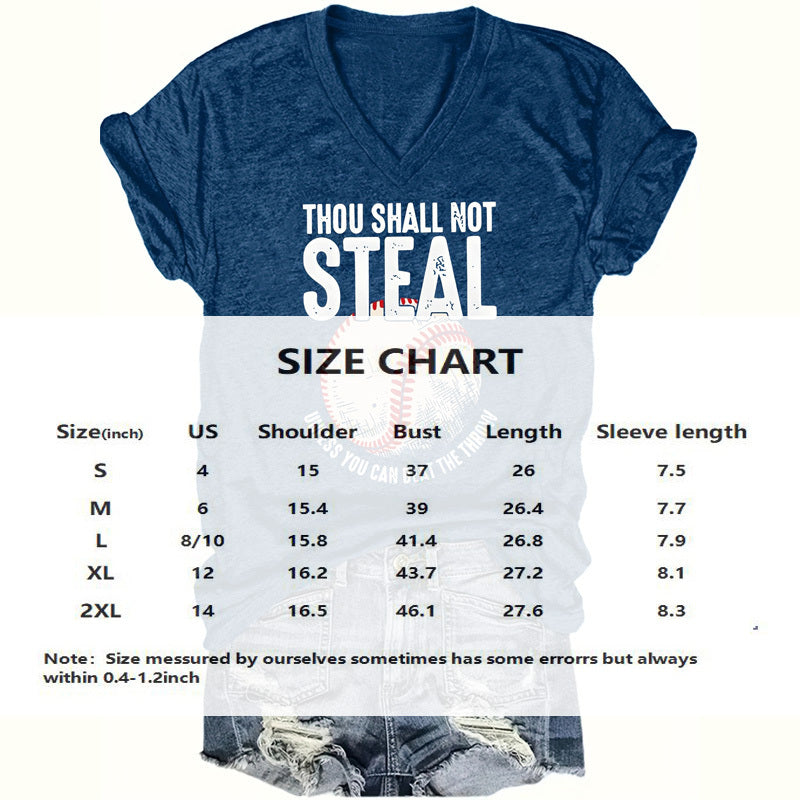 Women's V-Neck 'Thou Shall Not Steal' Baseball Graphic T-Shirt - Humorous Casual Short Sleeve Tee, Soft Top For Summer