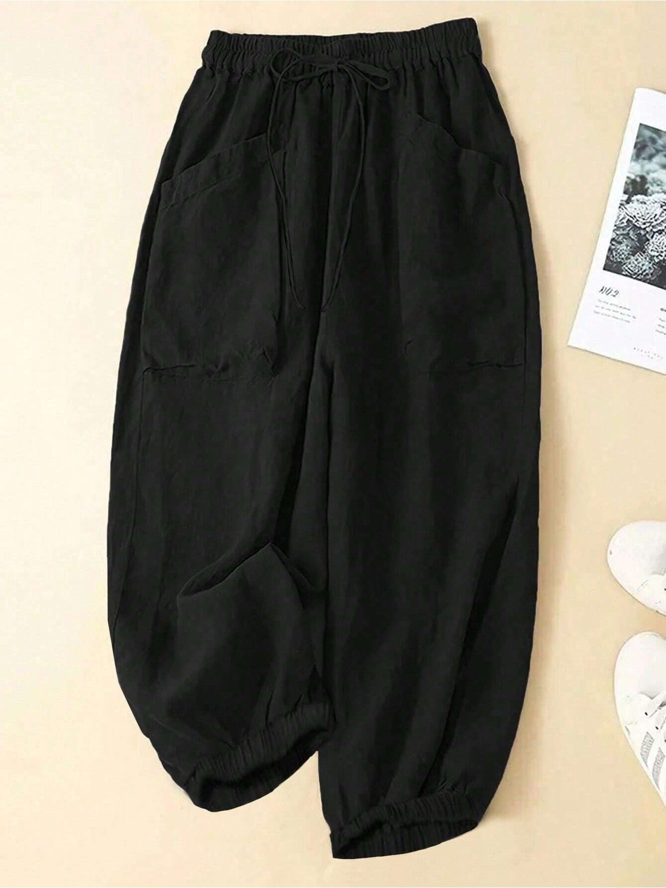 Women's Plus Size Solid Color Front-Tie Pocket Casual Pants - Everyday Leisure Wear