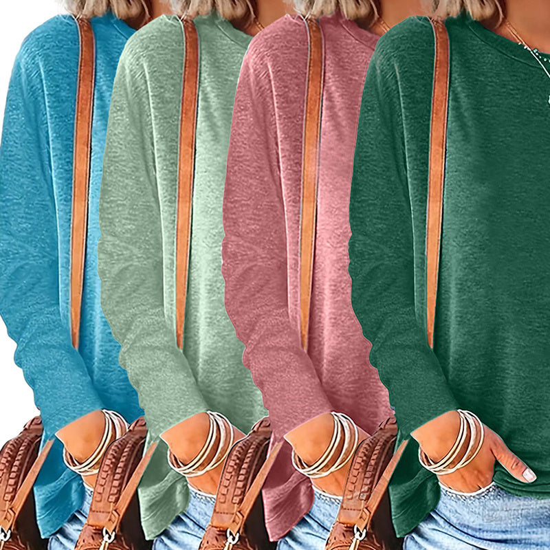 4 Pack Women's Solid Color Casual Set Round Neck Long Sleeve Tops For Spring&Fall