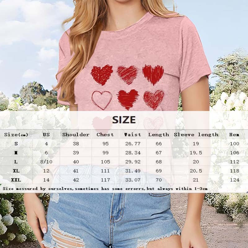 Women's Round Neck Short Sleeve T-Shirt With Patterned Heart Print, Casual Summer Tee