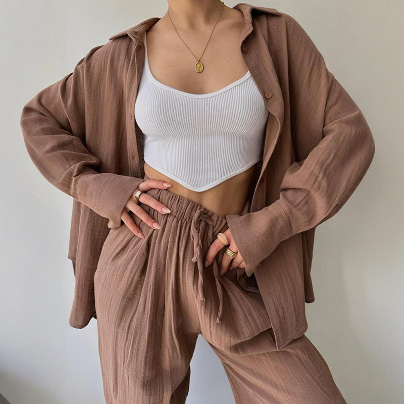 Women's Solid Color Lapel Collar Long Sleeve Shirt & High-Waist Pants Set - Casual Loose Fit Spring&Summer Outfit