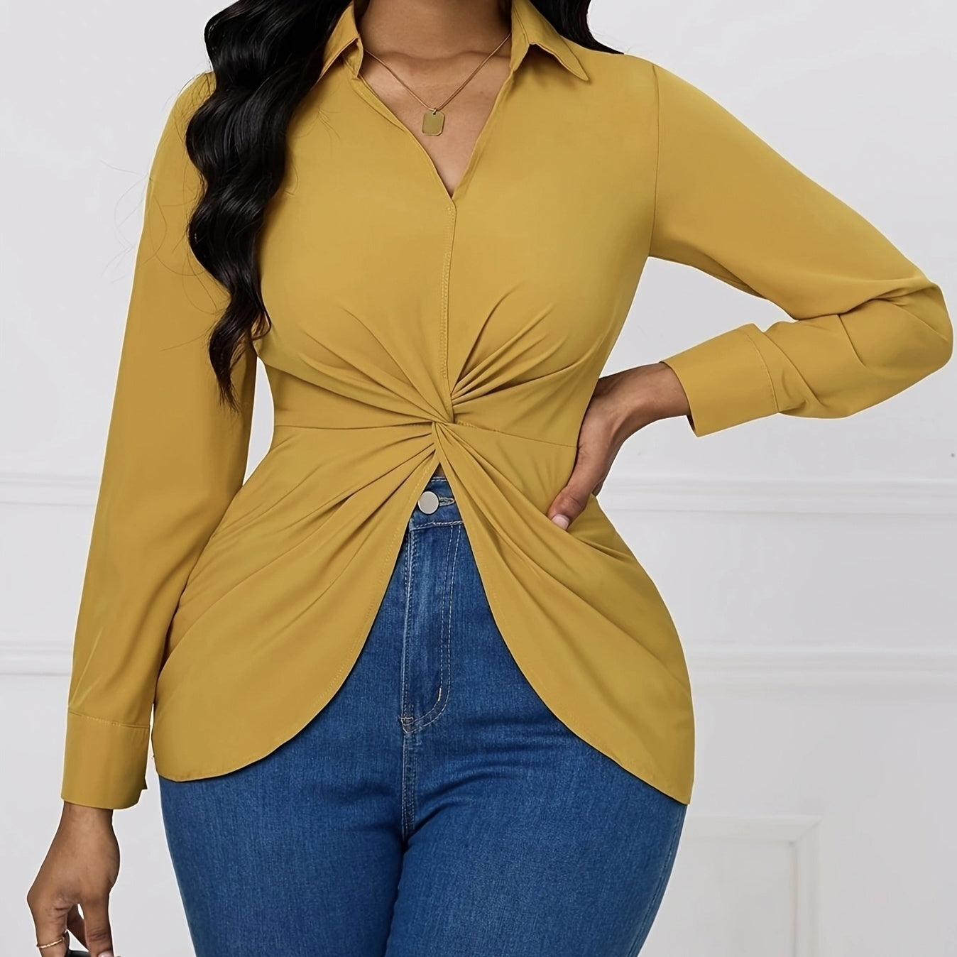 Women's Solid Color V-neck Knot Design Long Sleeved Shirt Top