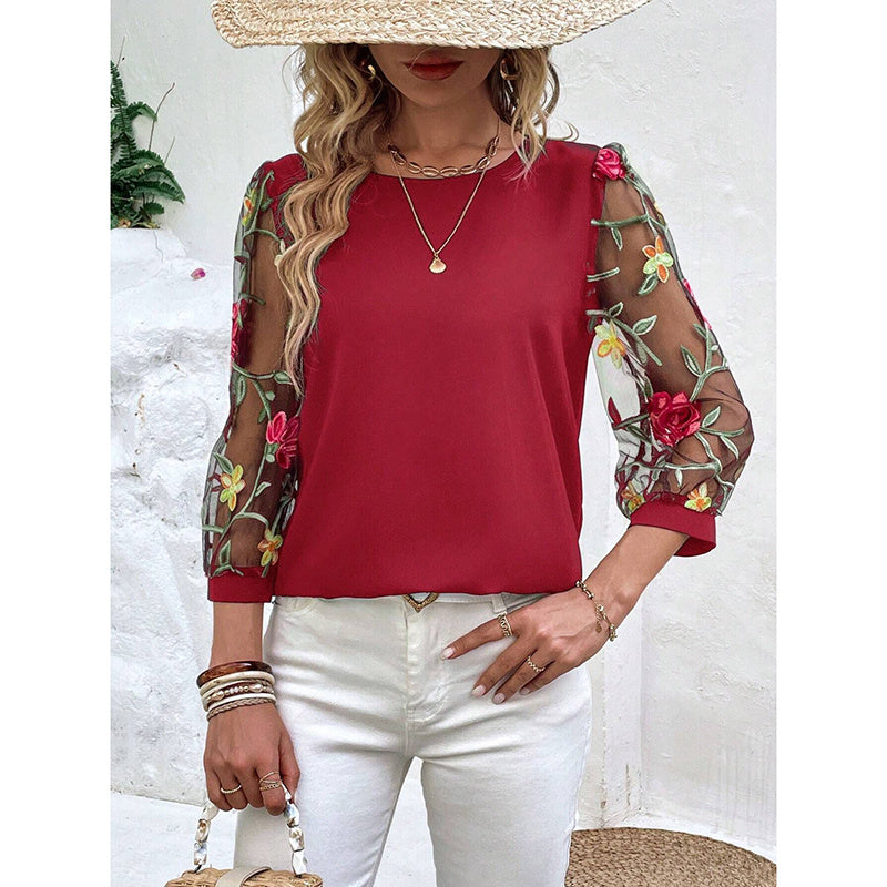 Women's Floral Embroidery Contrast Mesh Puff Sleeve Crew Neck Tee Shirt Tops