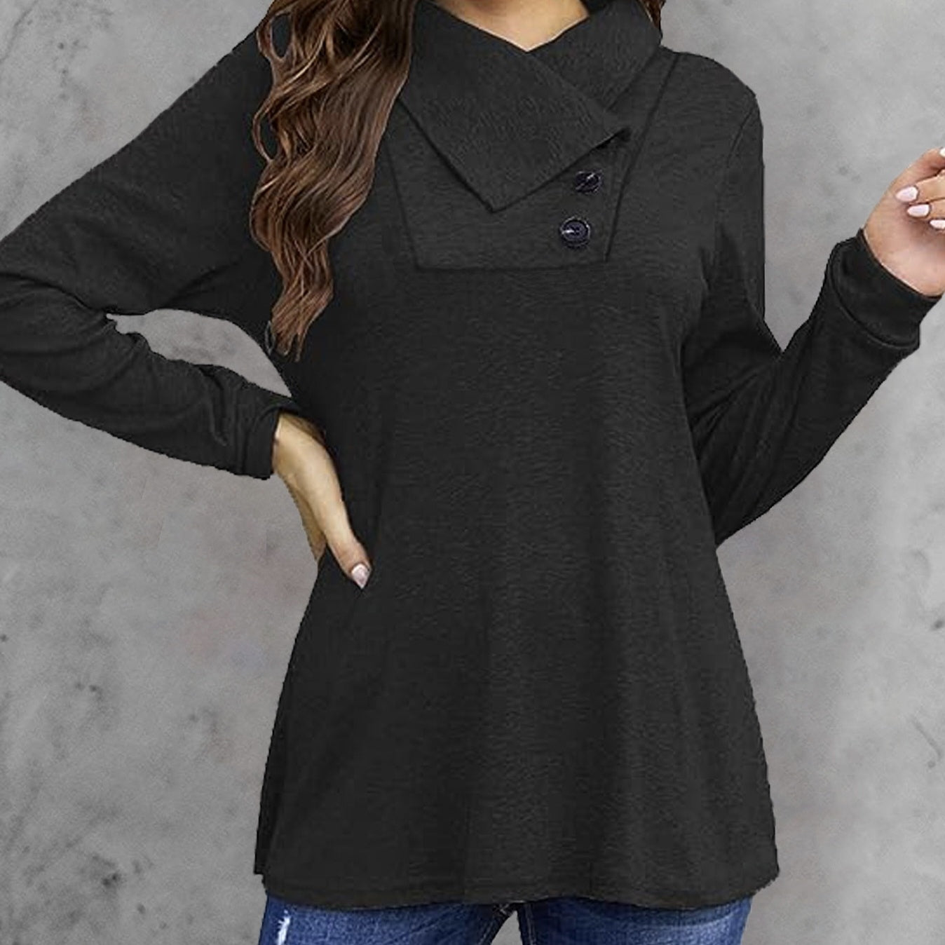 Women's Fashionable Long Sleeved Hood Collar Button Waist Top T-shirt