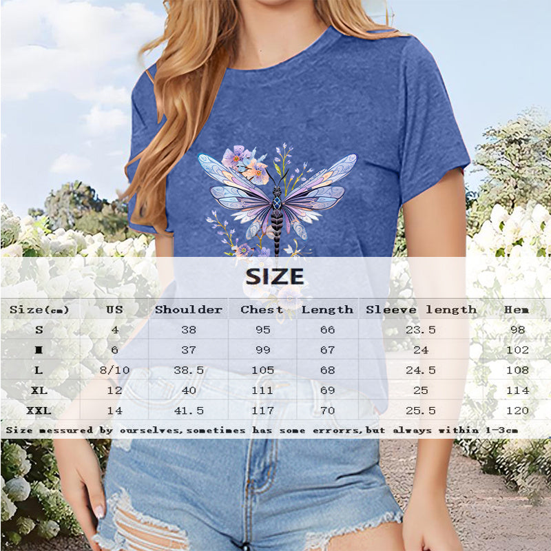 Women's Colorful Butterfly & Floral Print Round Neck T-Shirt - Casual Short Sleeve Summer Top