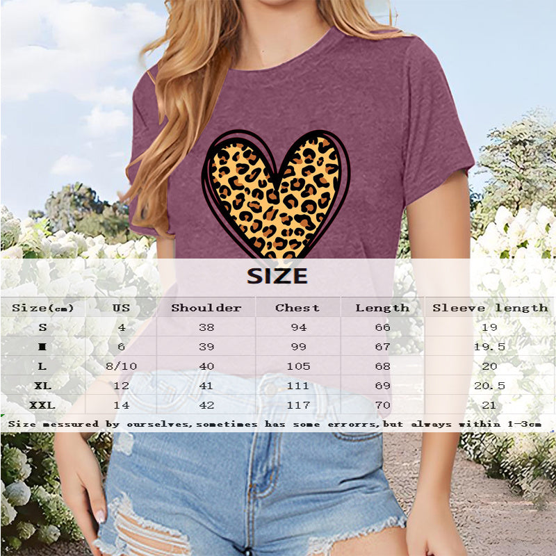 Women's Round Neck Short Sleeve T-Shirt With Leopard Heart Print, Casual Summer Top