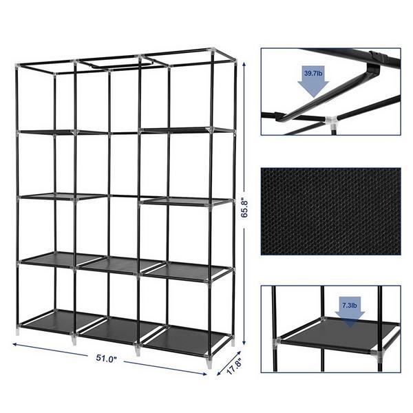 Non Woven Wardrobe 4 Layers 10 Grids 130 X 45 X 167cm - Black