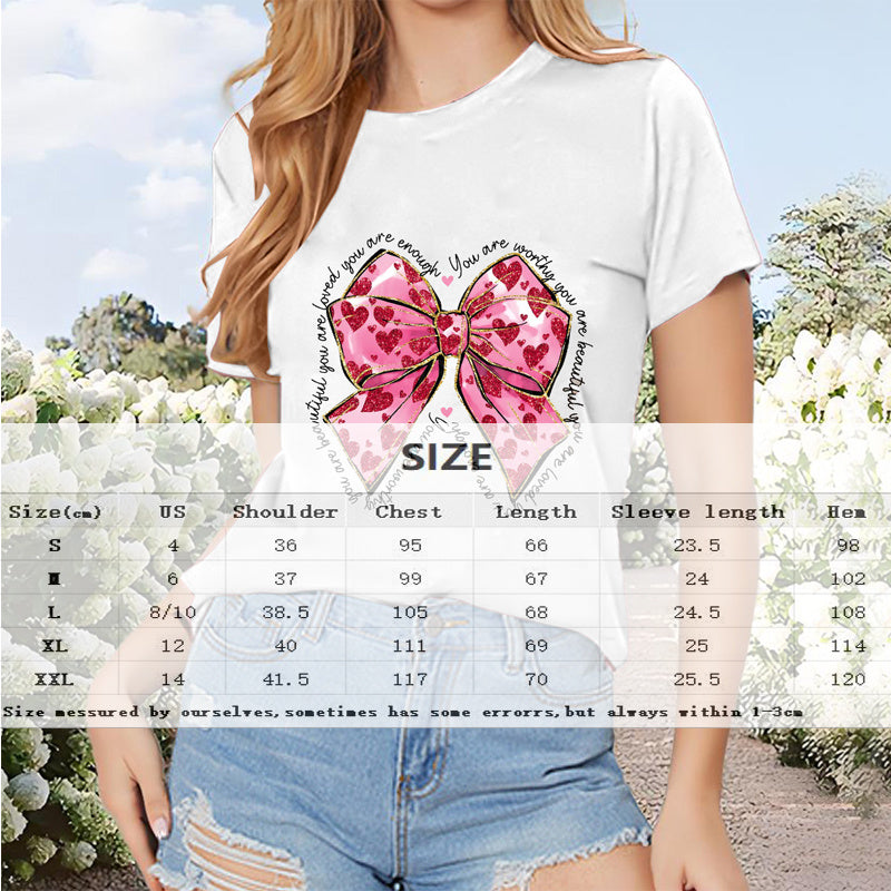 Women's Round Neck Short Sleeve T-Shirt With Oversized Bow Print Casual Summer Top