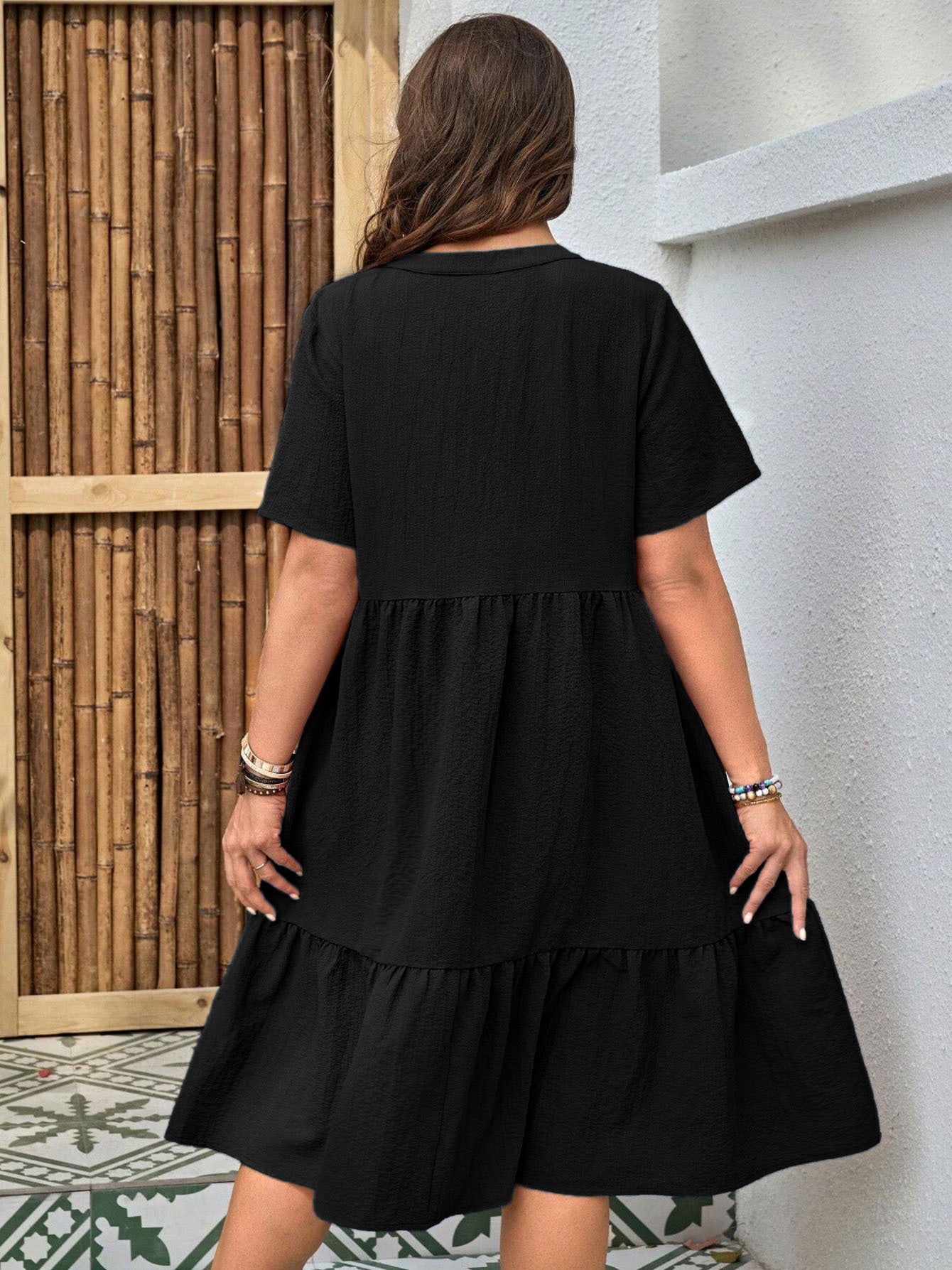 Women's Plus Size Buttoned Dress - Summer Casual V-Neck Short Sleeve Midi Dress