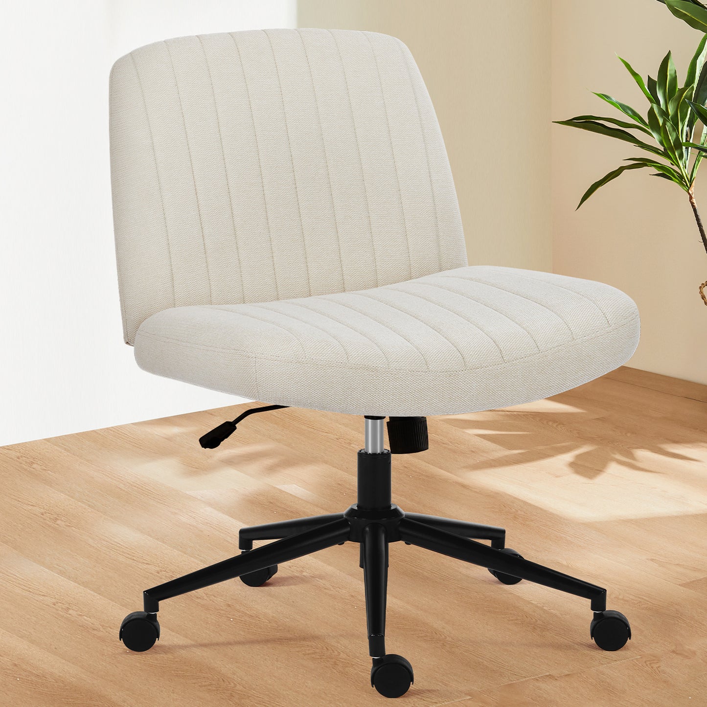 Office Desk Vanity Chair Cross Legged Armless Swivel Fabric Height Adjustable Wide Seat With Replaceable Wheels-Fixed Base, Comfy Task Chair Padded