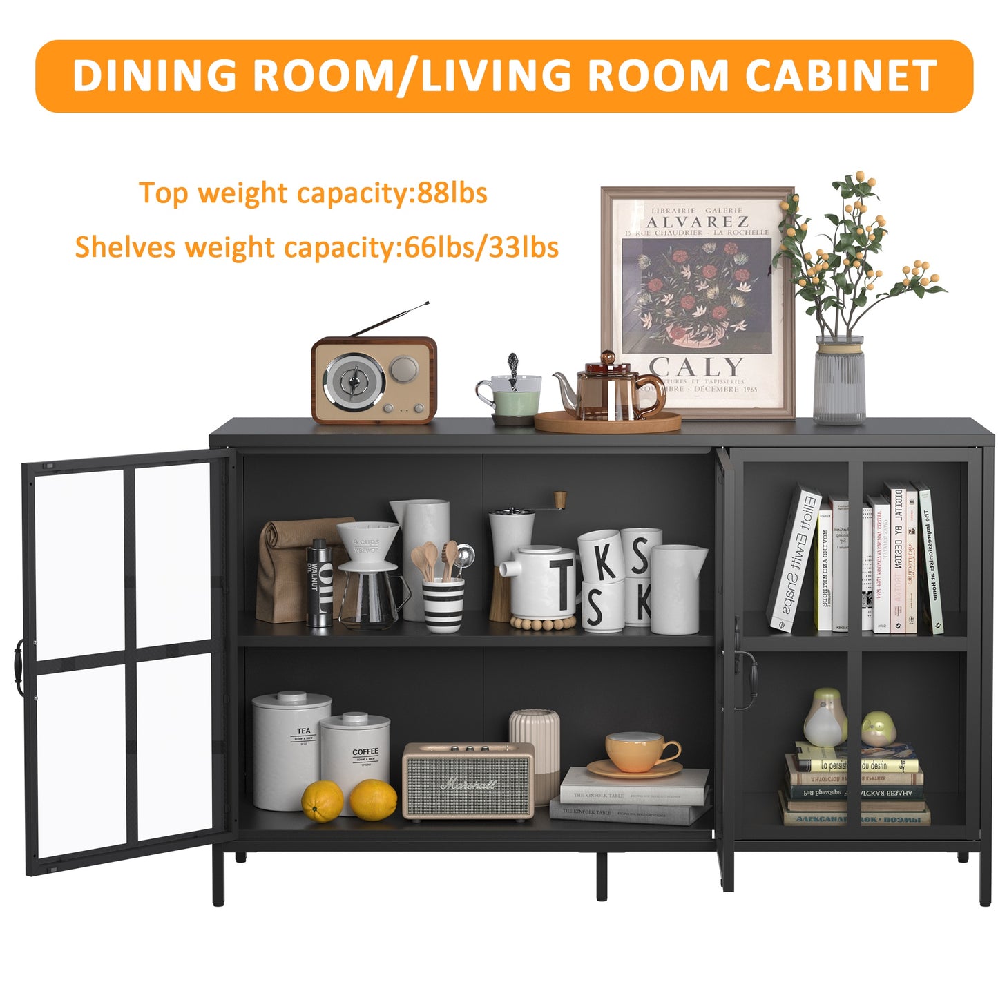 Heavy Duty Metal Modern Sideboard Buffet Cabinet With Storage Premium Steel Storage Cabinet ,Adjustable Feet,Glass Doors,Large Capacity Organizer For Living Room,Bed Room,Dining Room