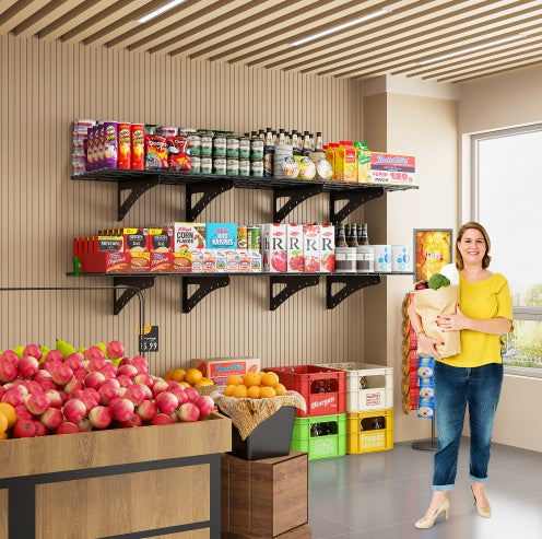 24X48 Inch Wall Mounted Garage Wall Mounted Shelf, Supermarket Storage Rack, Black, 2-piece Set