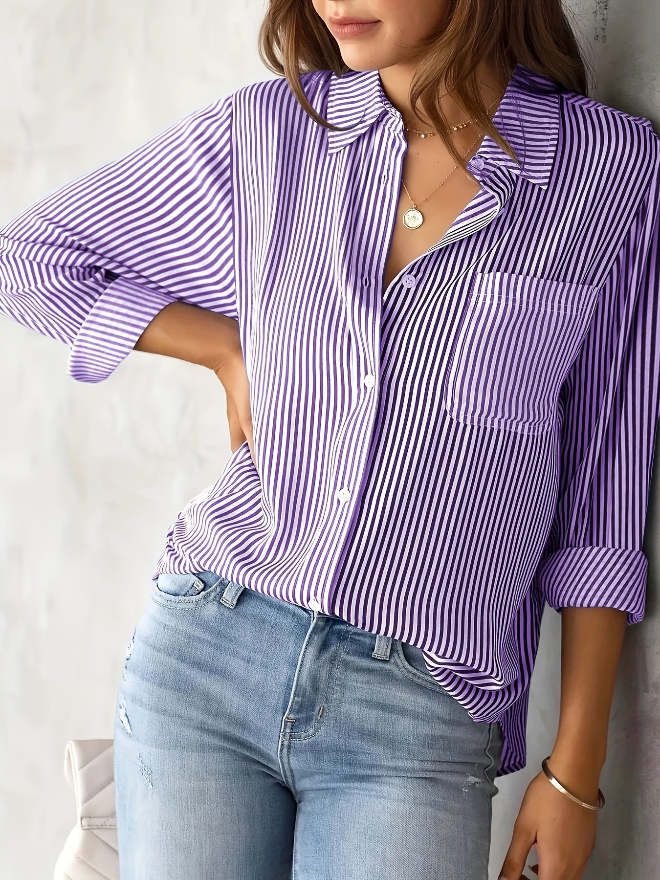 Ladies' Shirt, Classic Striped Print Casual Collar Long Sleeve With Pockets Shirt