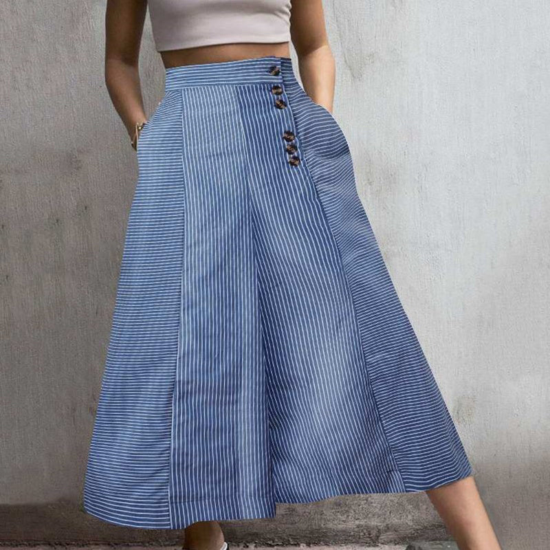 Womens Summer Casual Loose Striped Wide Leg Lounge Pants Elastic Waist Trousers With Button Details