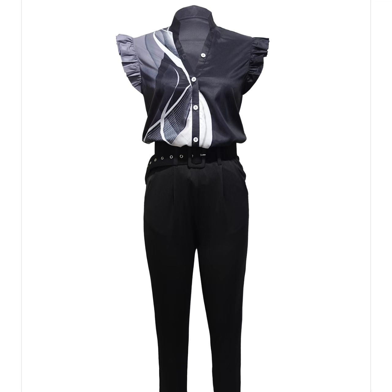 Ladies' V-neck Button Up Petal Sleeve Printed Off Shoulder Shirt Set