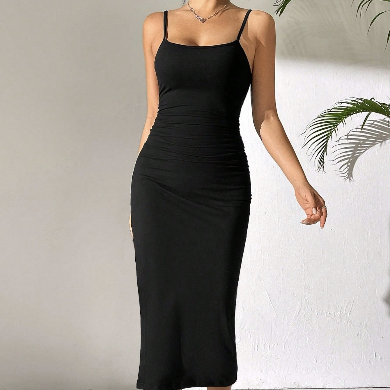 Women's Solid Color Versatile Casual Slim Shoulder Strap Hem Slit Suspender Dress