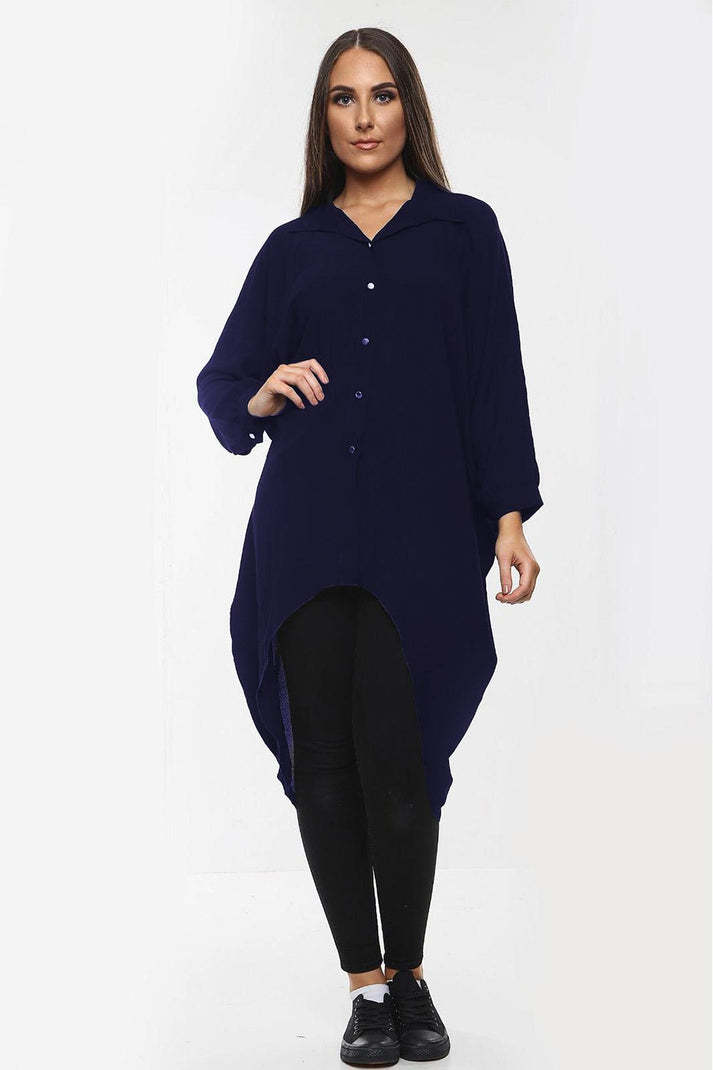 High-Low Oversized Button Long Top Shirt Dress With Hem And Long Sleeves
