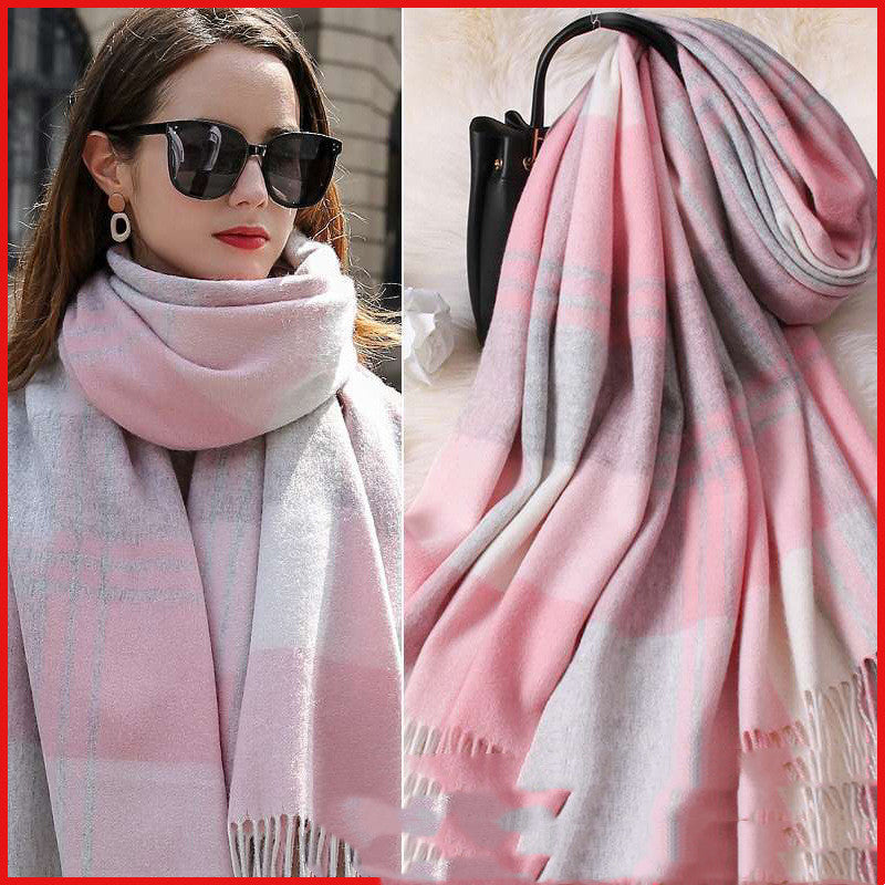 Female Fringed Plaid Wool Scarf British Style Wool Shawl