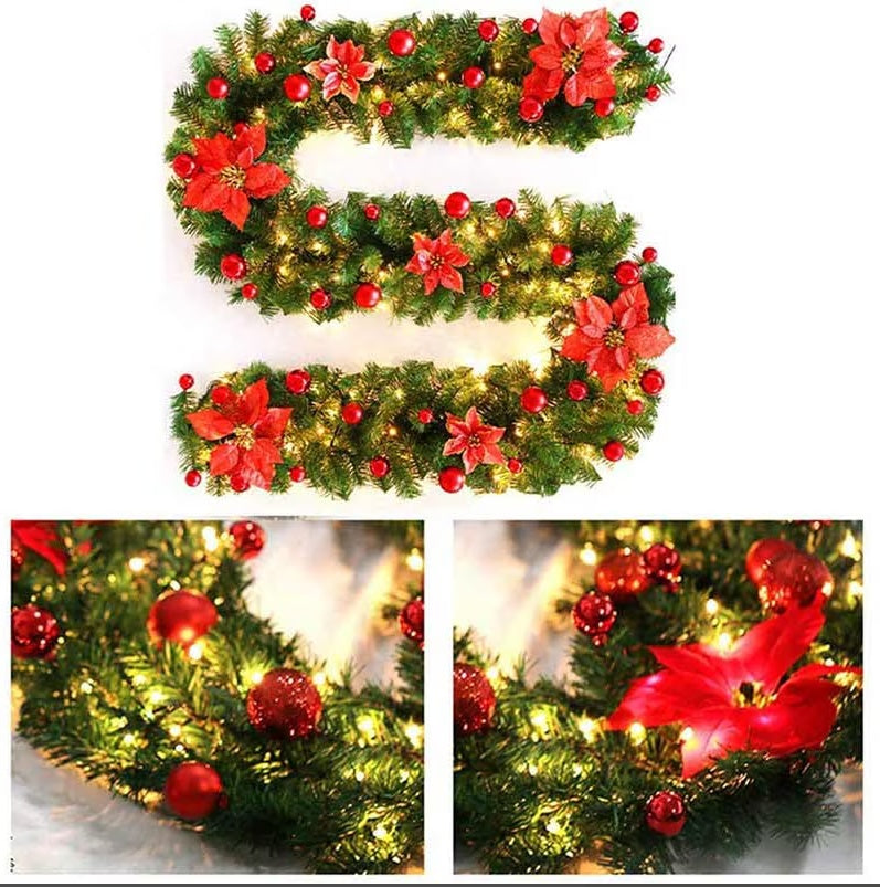 2.7M Christmas Garland With Lights Rattan Artificial Fireplace Wreath Stair Deco