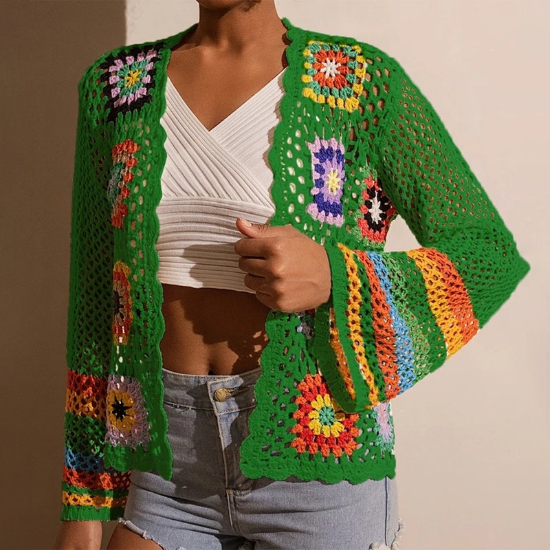 Women's Elegant Crochet Cardigan - Long Sleeve Open Front Vibrant Color Block Coat
