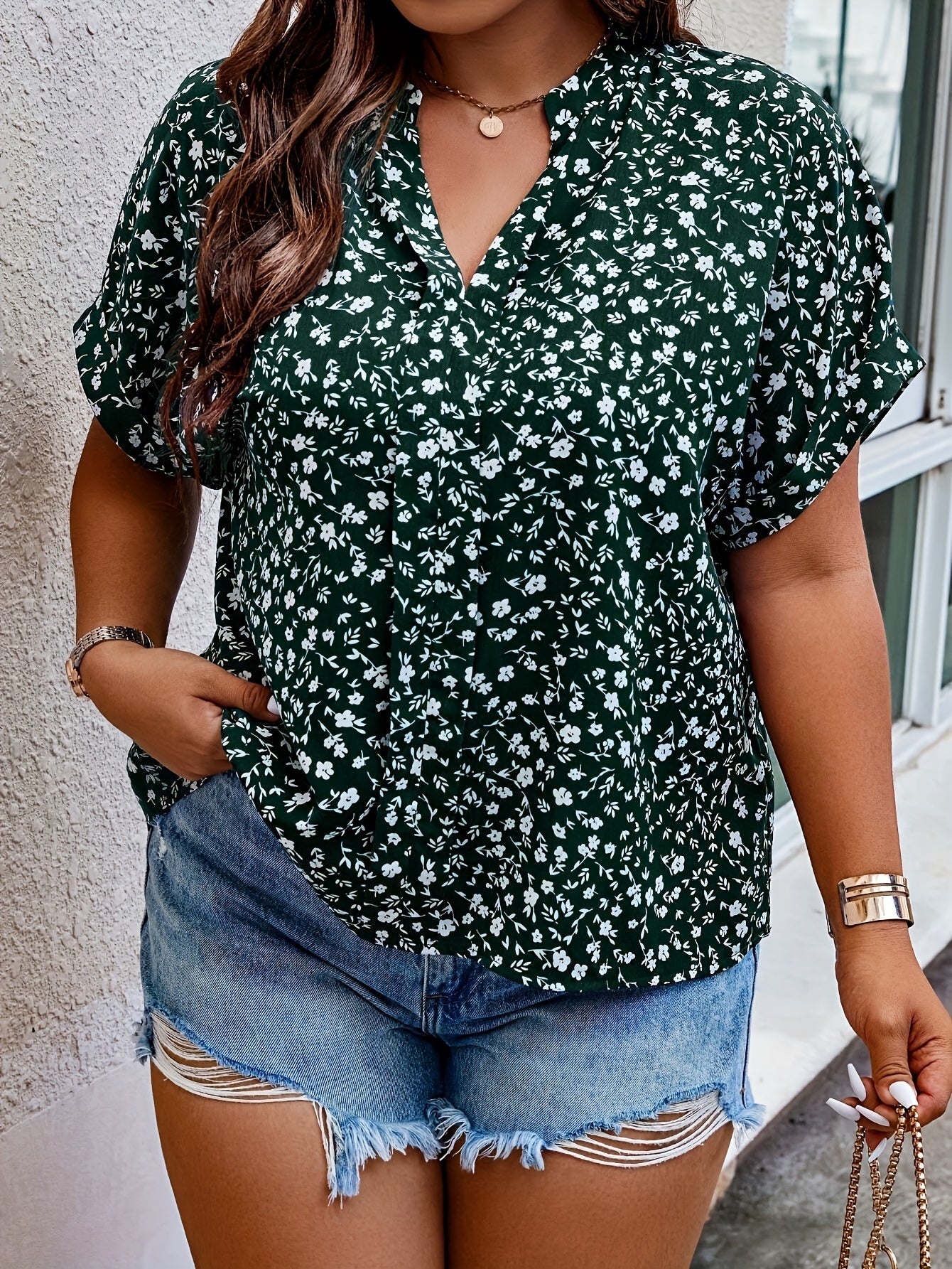 Women's Plus Size Printed Shirt - Summer Casual V-Neck Batwing Sleeve Top For Outings