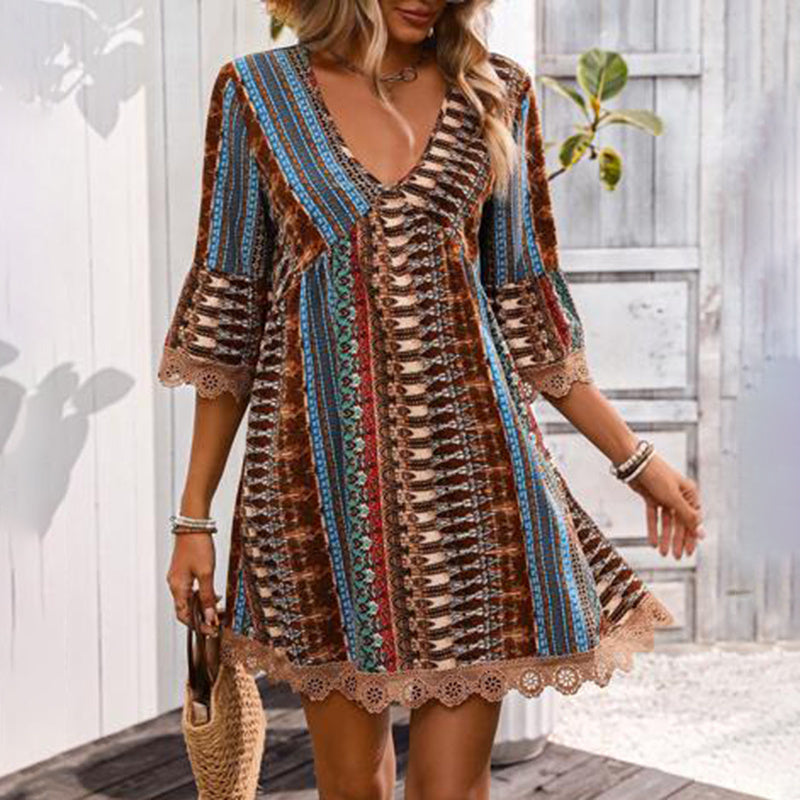 Women's V-Neck Print Dress - Lace Trim Summer Sundress, Casual Boho Chic Style